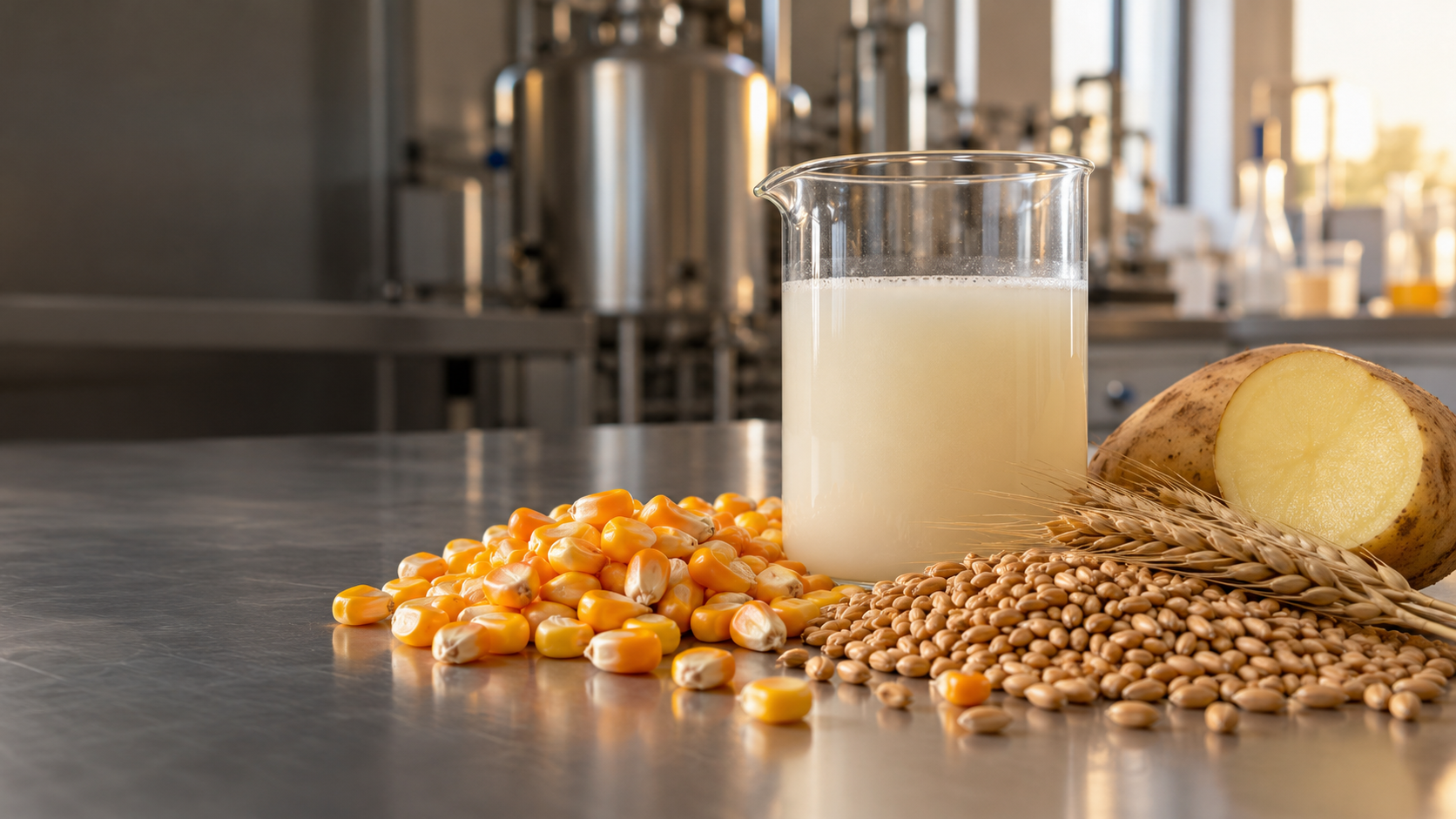 Starch-rich crops and a starch-processing sample in a laboratory